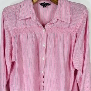 LAND’S END women’s 1x striped long sleeve linen blouse smocking pink blue